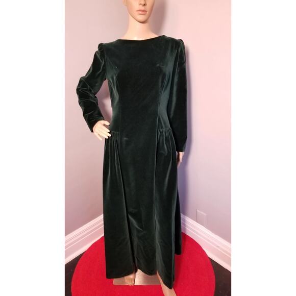 80s Vintage House of Bianchi Deep Hunter Green Velvet Maxi Dress - M/L - Picture 1 of 8